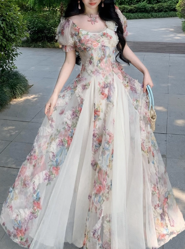 Pink Romantic Retro Heavy-Duty Three-Dimensional Flower Tulle Stitching Holiday Dress Long Birthday Dress YM2361