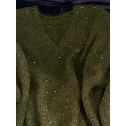 Stunning Dark Green Sequined V-neck Mohair Sweater YM1857