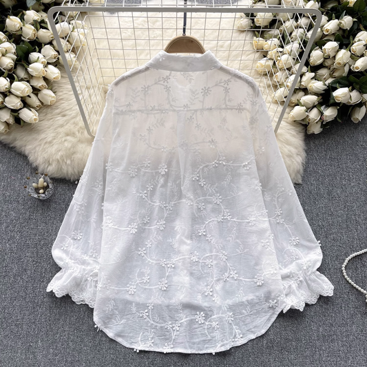 Lace Embroidered Petal Sleeves Blouses YM315