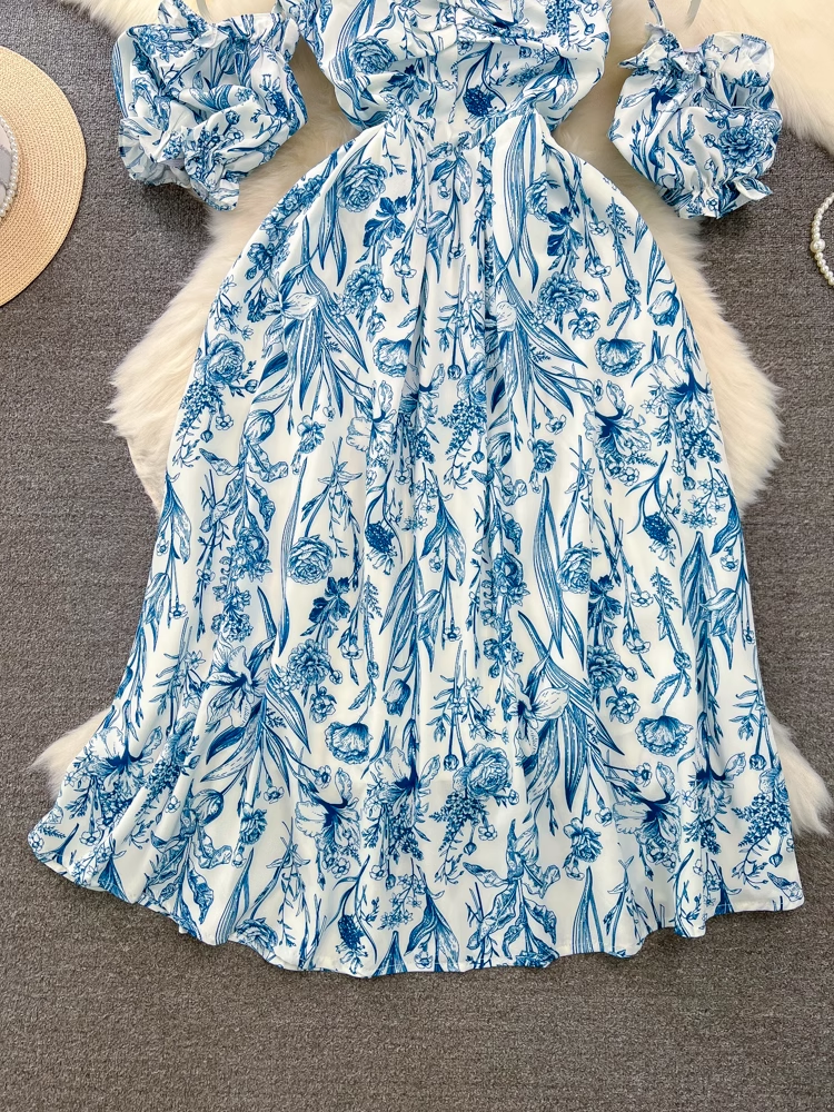 Beach dress seaside vacation a-line floral suspender dress YM874
