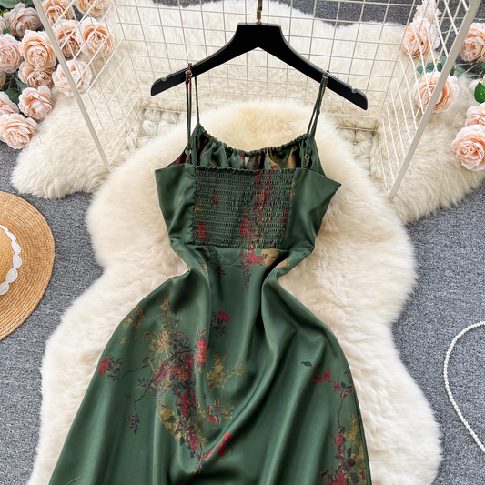 Retro printed suspender dress YM1214