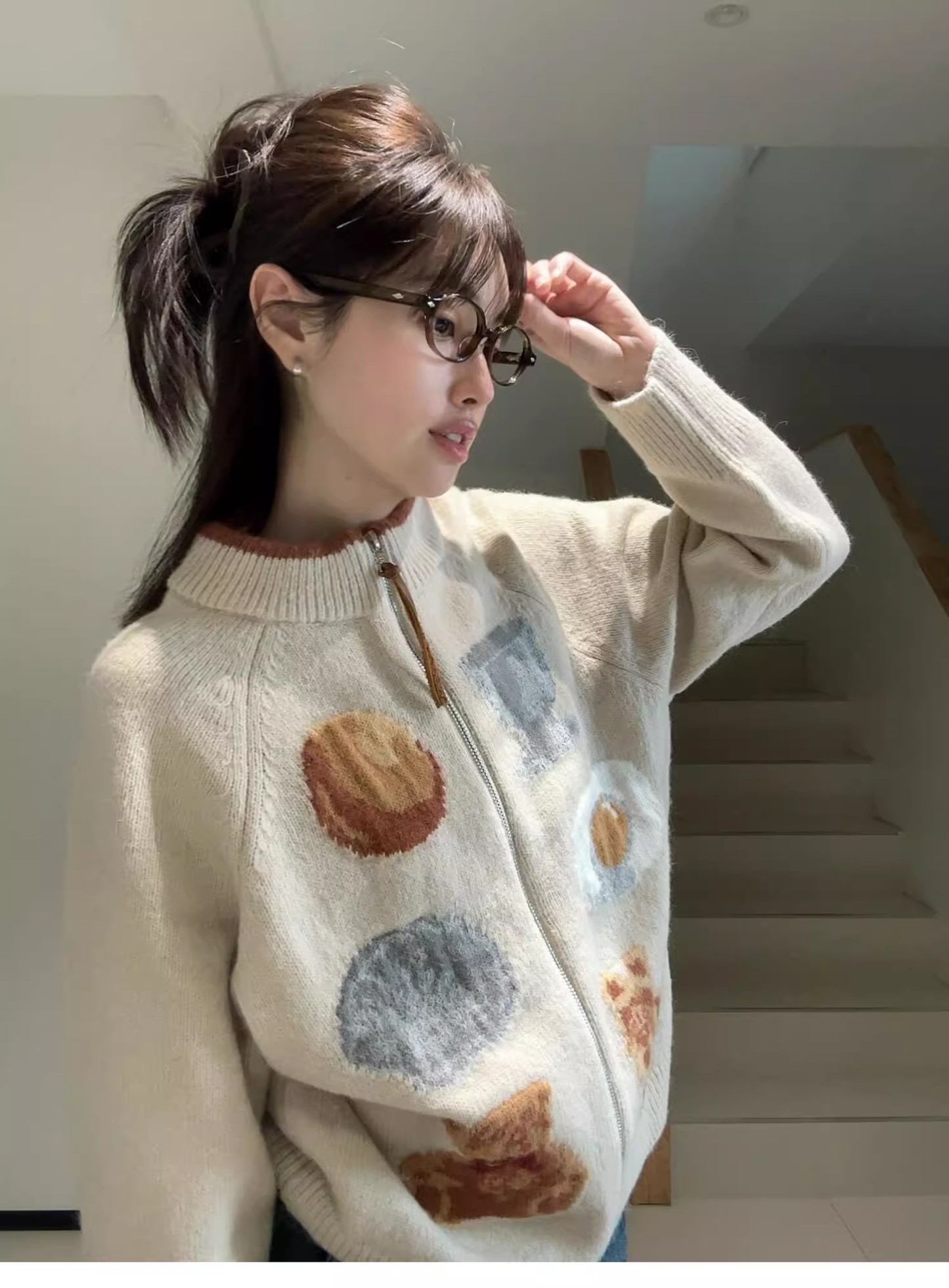 Beige Knitted Cardigan Zipper Jacquard Loose Sweater Jacket YM2396