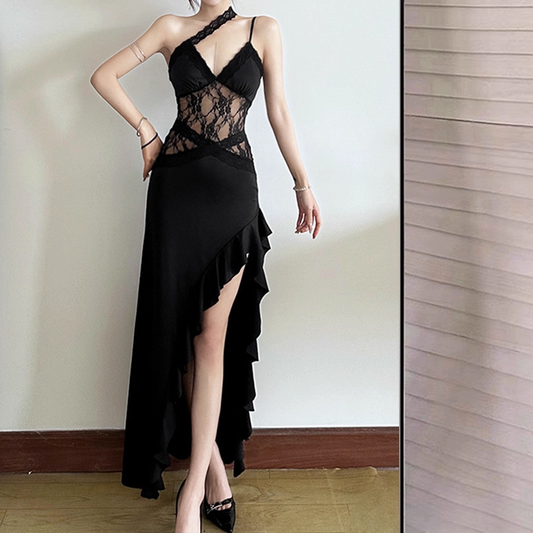 Sexy Spaghetti Straps Black Lace Slit Ruffle Party Dress Birthday Outfits YM2198