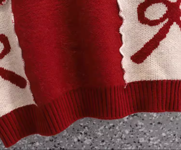 Red Loose Pullover Sweater Coat Lazy Style Bow Knitted Sweater YM2287