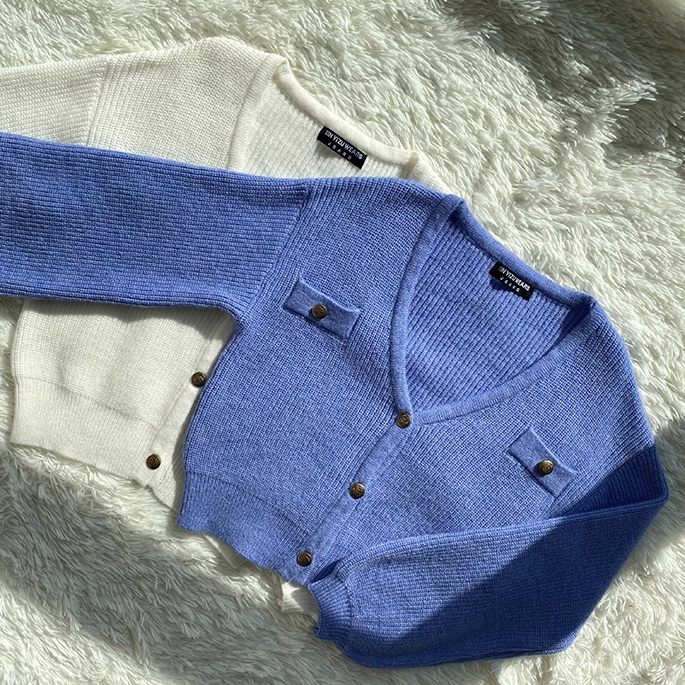 Retro blue v-neck loose sweater YM552