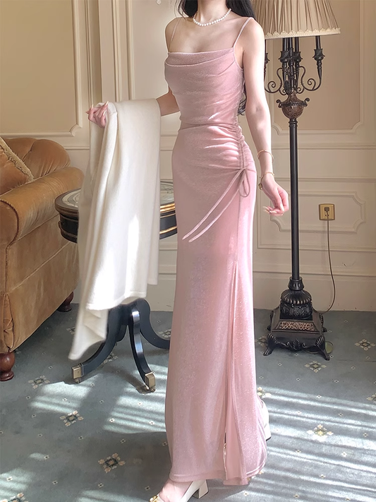 Luxury Suspender Evening Dress Shiny Pink Slit Party Dress YM1700