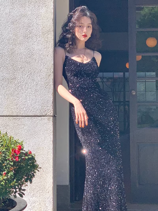 Sexy Red Velvet Sequins V-Neck Suspender Prom Dress Birthday Outfits YM1725