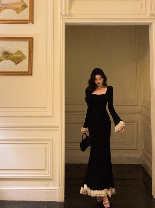 Vintage Sequare Neck Long Prom Dress Classy Dlack Mermaid Dress YM1665