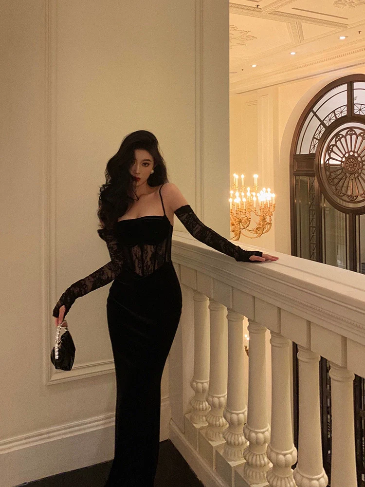 Sexy Lace Black Velvet Mermaid Prom Dress YM1589