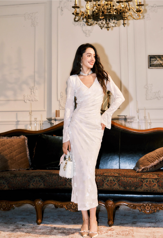 Elegant White V Neck Sheath Long Prom Dress Birthday outfits YM1682