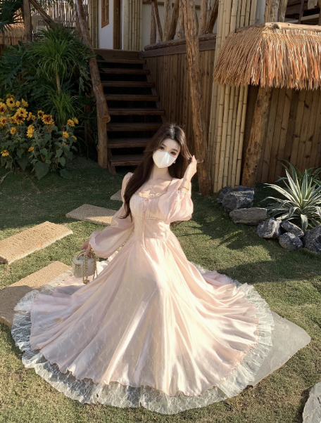 Girlish Blush Pink Puffy Tulle Square-neck A-Line Maxi Women Dress Holiday Dress YM2712