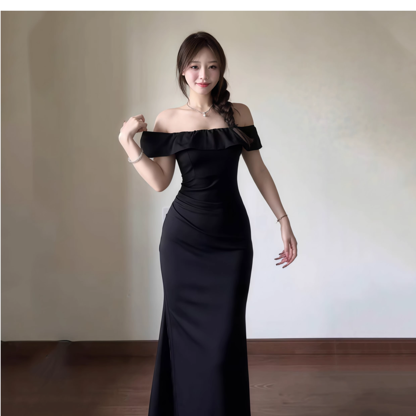 Elegant Off The Shoulder Black Mermaid Long Birthday Dress Vacation Dress YM2244