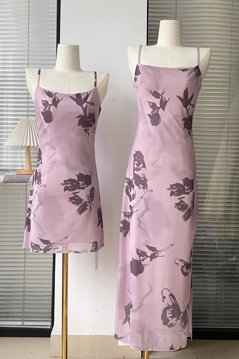 Purple Floral Suspender Dress Sexy Slit Party Dress YM1766