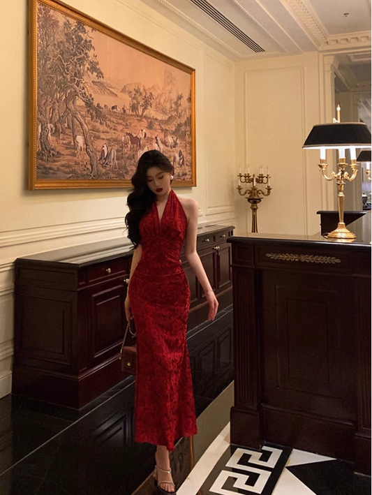 Sexy Red Halter Mermaid Prom Dress Print Floral Birthday Outfits YM1677