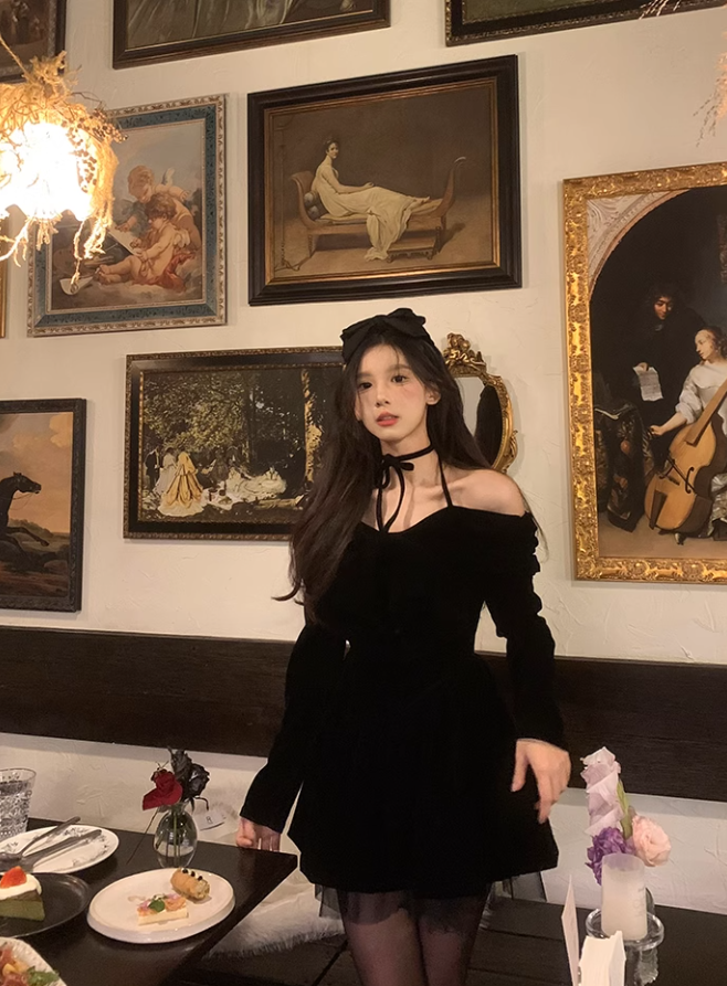 Cute Halter Black Velvet Short Dress Birthday Dress YM1742