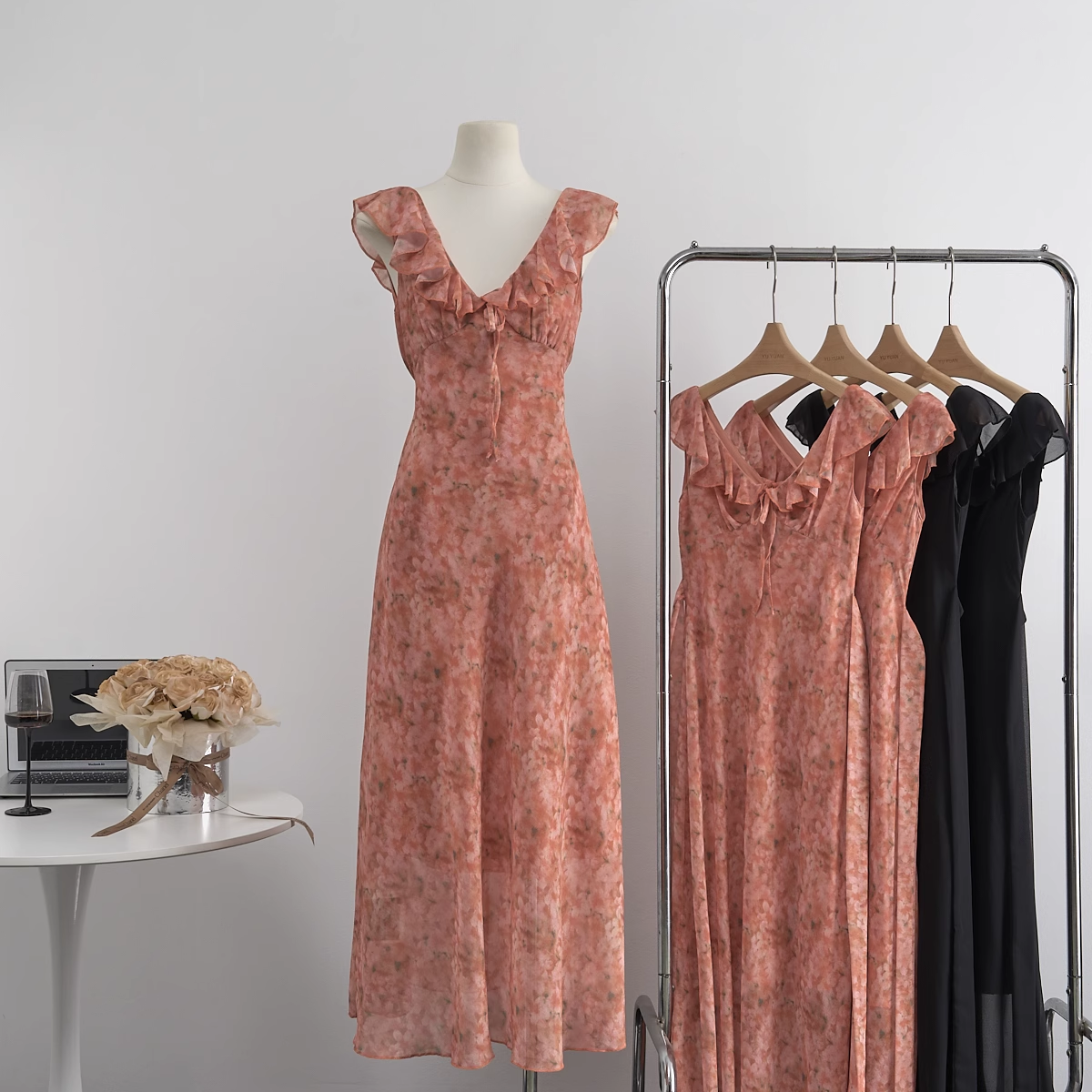 Orange Chiffon V Neck Floral Dress YM1787