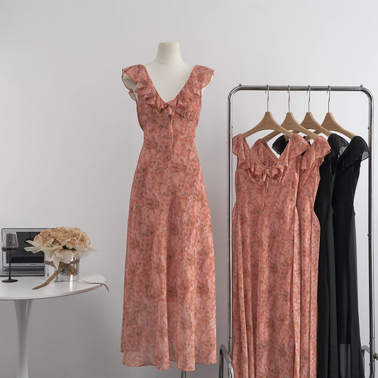 Orange Chiffon V Neck Floral Dress YM1787