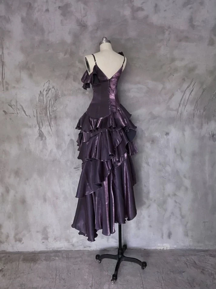 Irregular Ruffled Suspender Prom Dress Dark Purple Long Birthday Dress YM1629