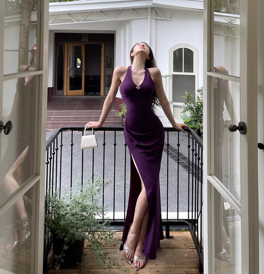 Sexy Purple Halter Neck Diamond Chain V-Neck Party Sheath Slit Vacation Dress YM2151
