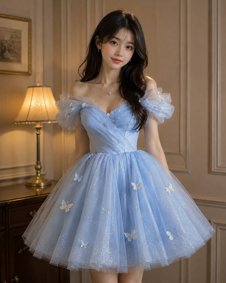 Charming Blue Tulle Puffy Off-the-shoulder A-Line Short Prom Dress Birthday Dress YM2523