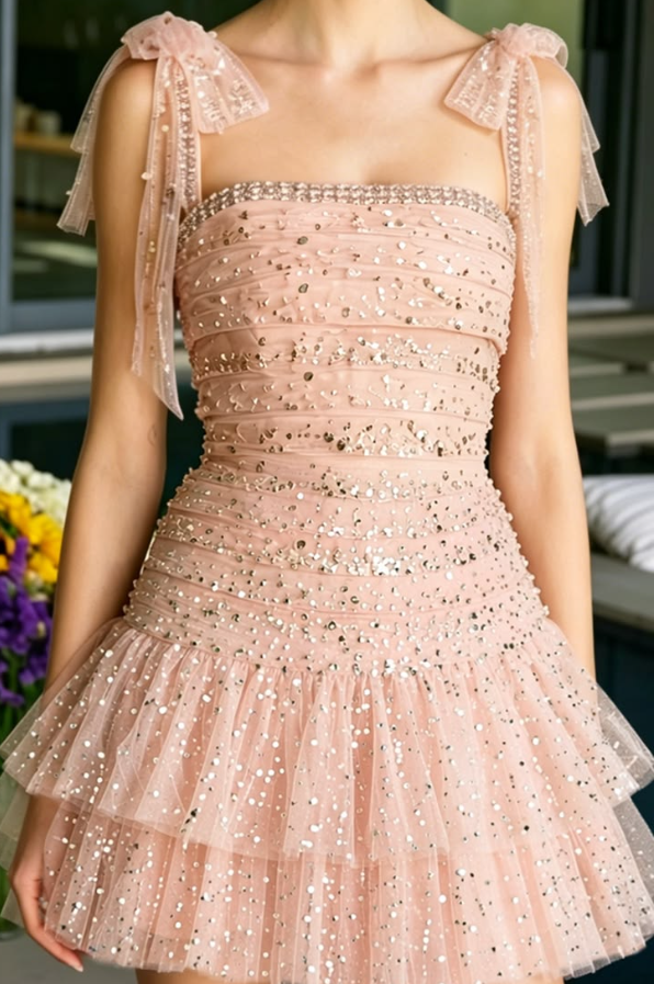 Glitter Blush Pink Sequins Spaghetti Straps A-Line Short Birthday Dress Prom Dress YM2486