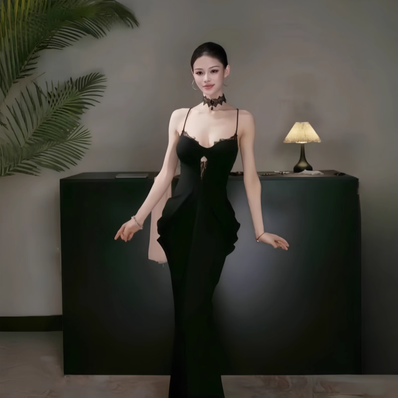 Black V-Neck Suspender Dress Sexy Hollow Lace Sheath Long Holiday Dress YM2256