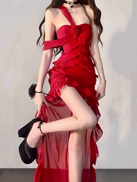 Sexy Red Rose Flower Chiffon Halter Neck strapless Holiday Dress Birthday Outfits YM2129