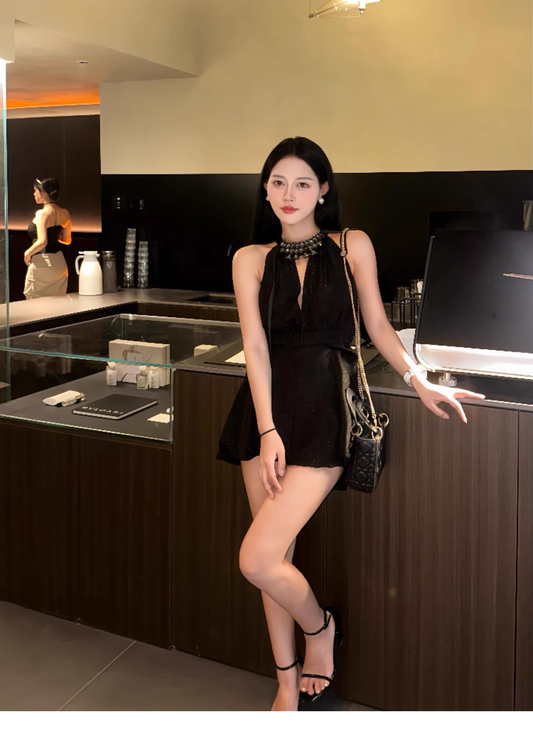 Sexy Black Beaded Halter Neck Dress Short Dress YM1715