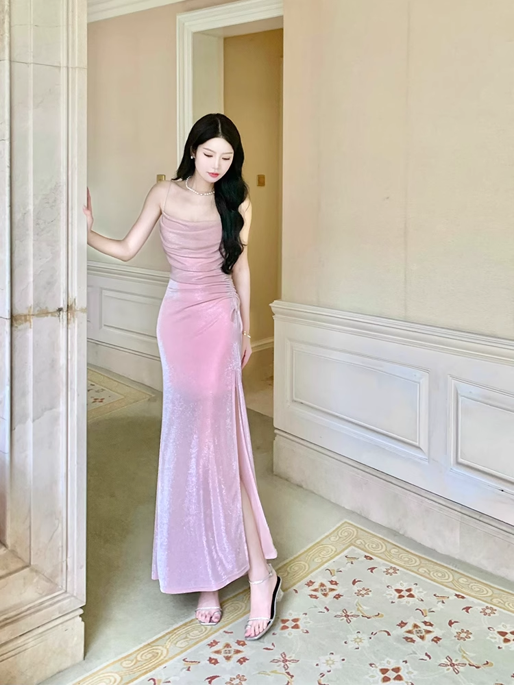 Luxury Suspender Evening Dress Shiny Pink Slit Party Dress YM1700