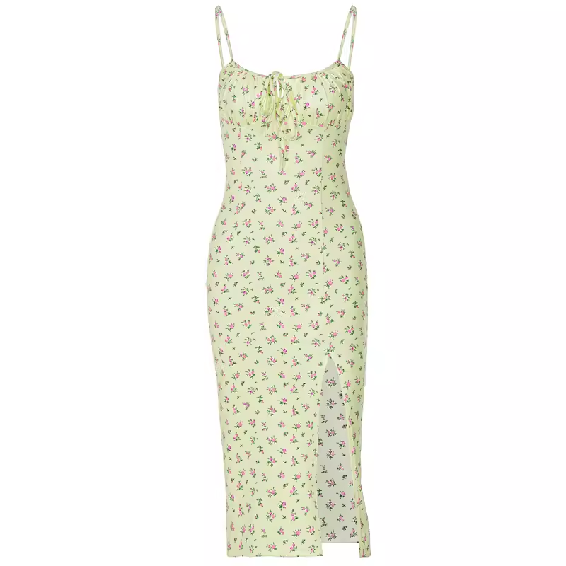 Yellow floral suspender slit dress YM1275