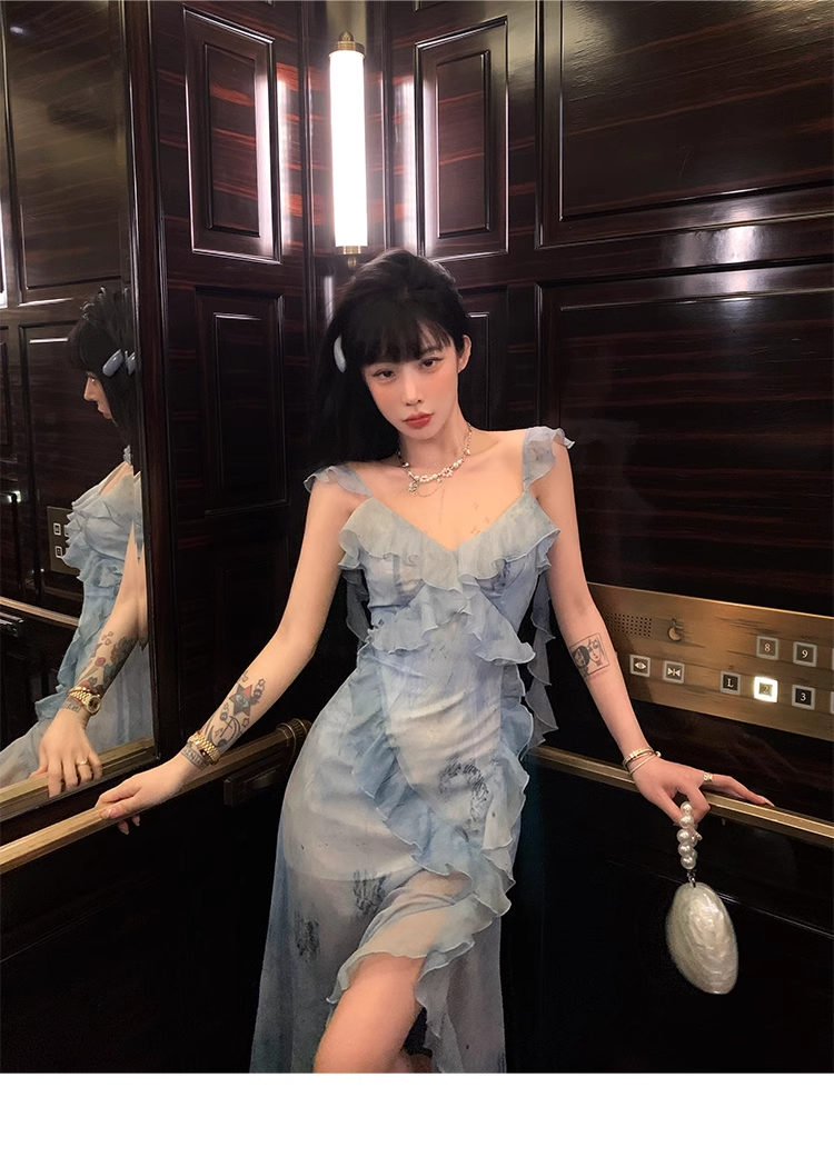 Classy Blue Chiffon Ruffles Slit Party Evening Dress YM2006