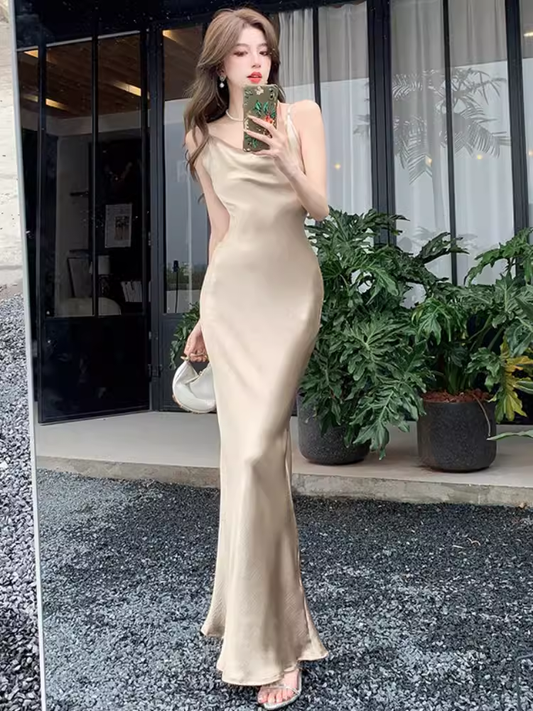Champagne Satin Spaghetti Straps Dress YM1484