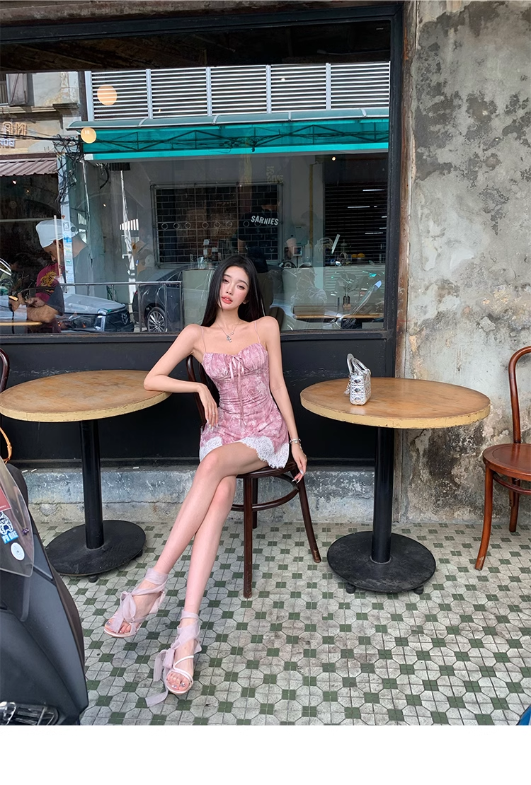 Sexy Straps Lace Print Backless Birthday Outfits Mini Party Dress YM2000