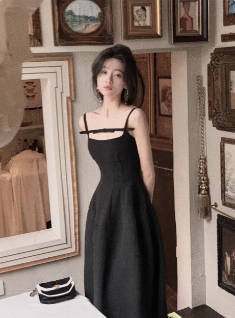Black suspender bow party dress YM1959