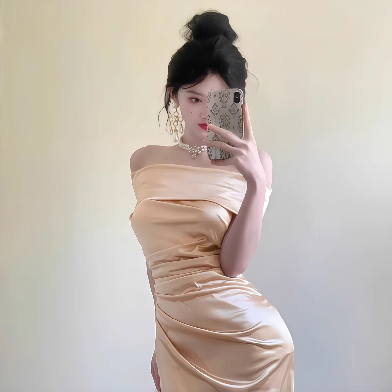 Classy Champagne Off The Shoulder Birthday Party Dress Satin Slit Long Holiday Dress YM2233