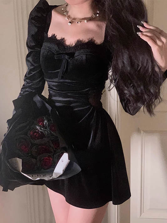 women's little black velvet short dress YM716