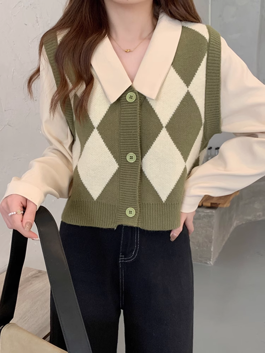 New Plaid Knit Vest Fake Two-Piece Sweater Shirt YM358