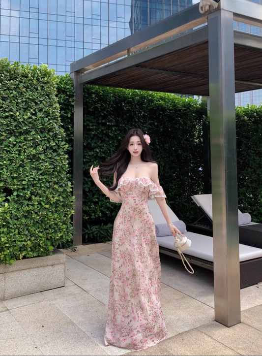 One-shoulder French Floral Tea Dress For Women, Summer Vacation, Beautiful Temperament Dress YM2106