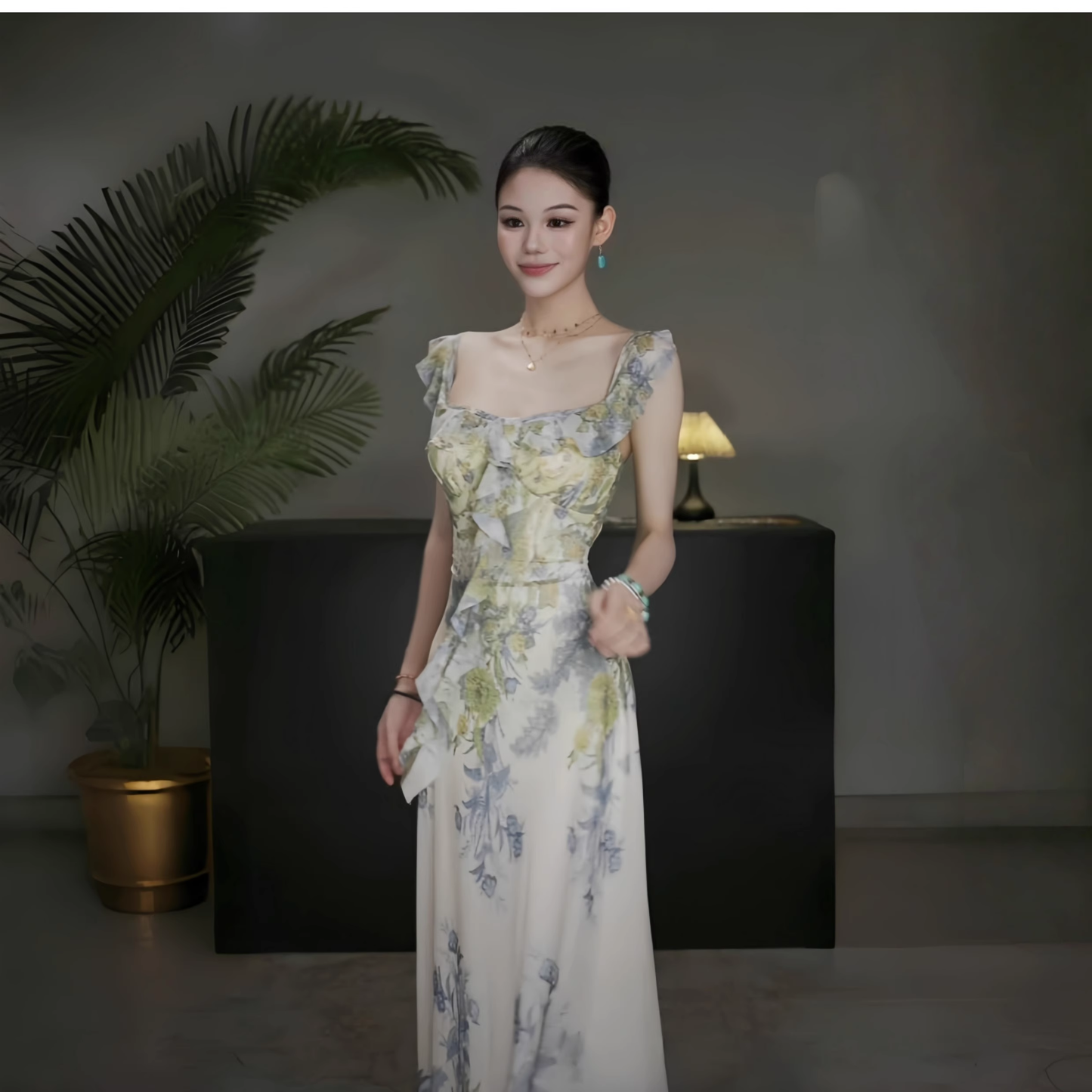Fashion Green Printed Floral Straps Birthday Dress Women's Sexy Long Holiday Dress YM2280