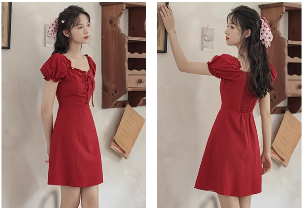 New Style Red Short Dress With Square Neck And Puff Sleeves YM1802