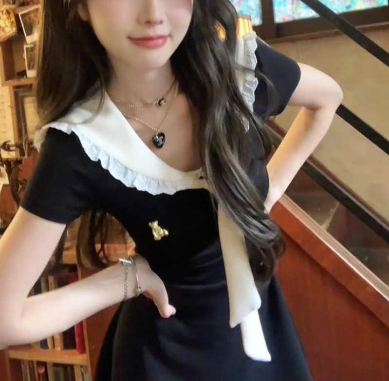 Cute Preppy Style Navy-Collar A Line Women Dresses Black Short Vacation Dress YM2169