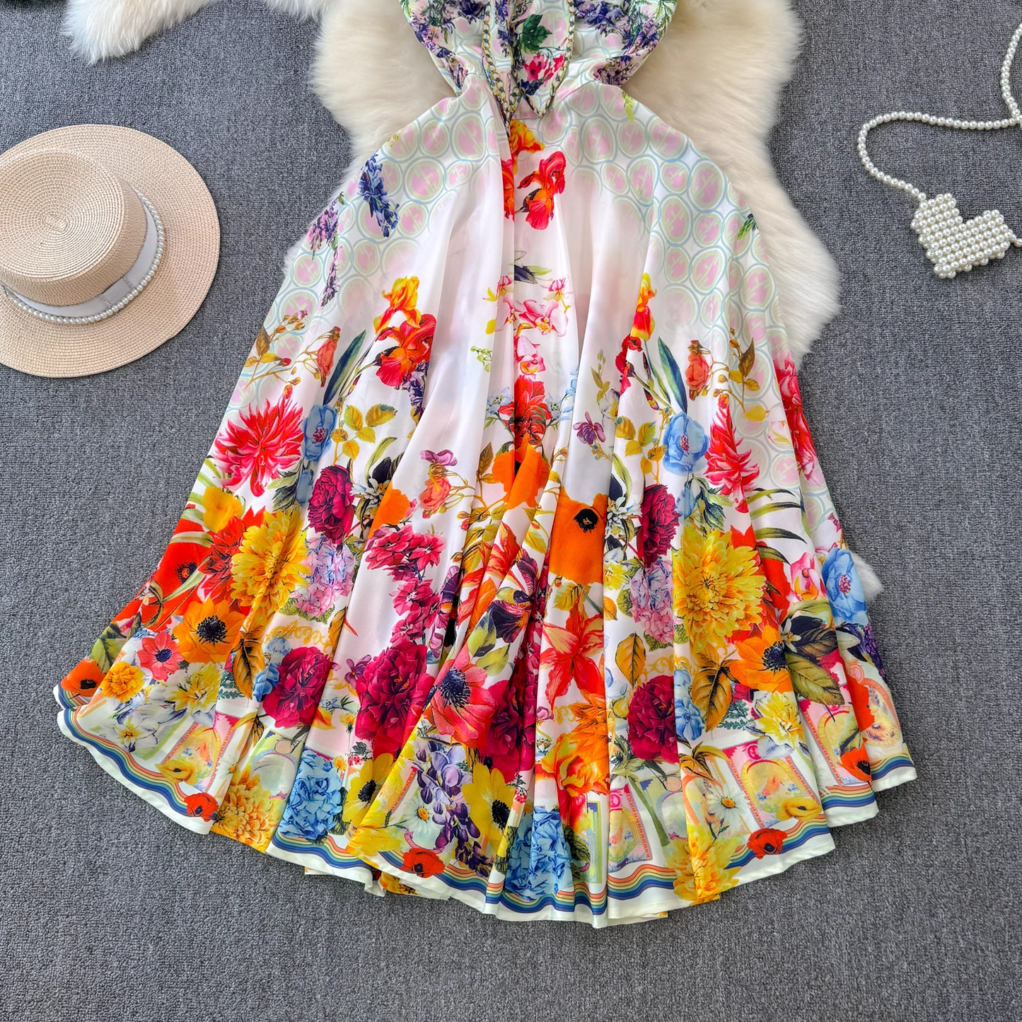 Colorful floral suspender seaside vacation dress YM1428