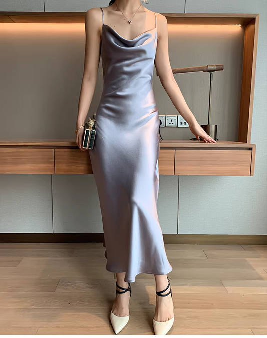 Elegant Silver Gray Spaghetti Straps Satin Long Party Dress Birthday Dresses YM2439