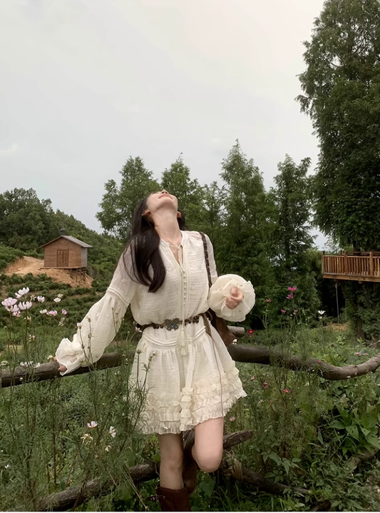 Vintage Lantern Sleeve Dress Short Ruffles Dress YM1738