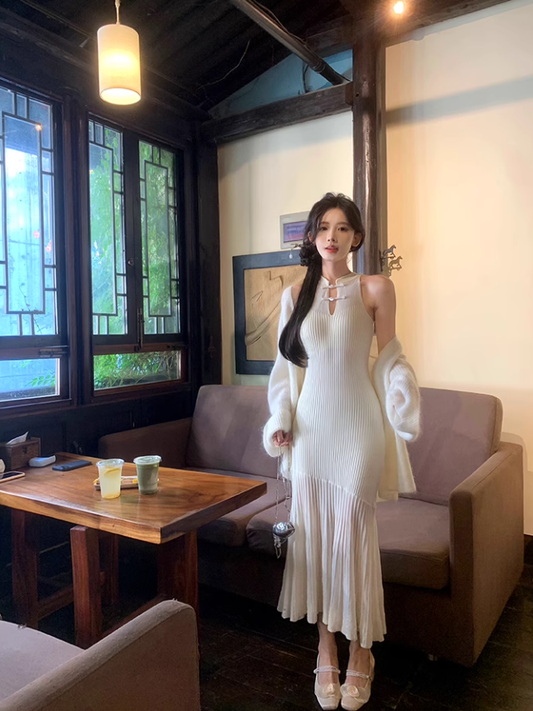 Elegant Slimming Cheongsam Collar Knitted Dress Female Fairy Party Dress YM1739