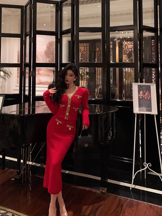 Vintage V Neck Prom Dress New Red Two-Piece Knitted Dress YM1667