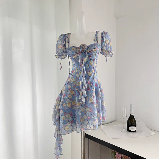 Chiffon Floral Dress New Style Seaside Holiday Irregular Dress Blue Mini Party Dress YM1791