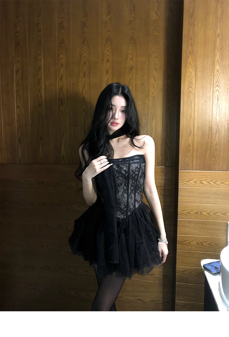 Strapless Lace Birthday Little Black Dress,Sexy Short Party Dress YM1995