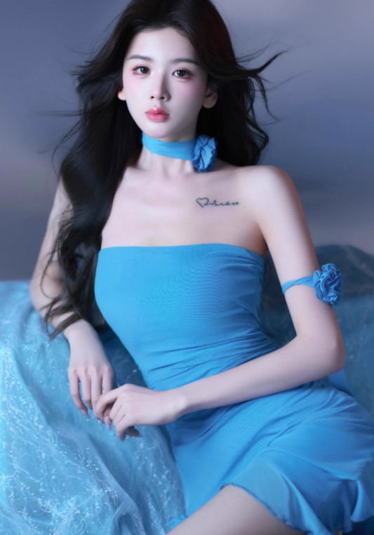 Sexy Strapless Dress Slit Irregular Short Dress Blue Chiffon Birthday Outfits YM1719