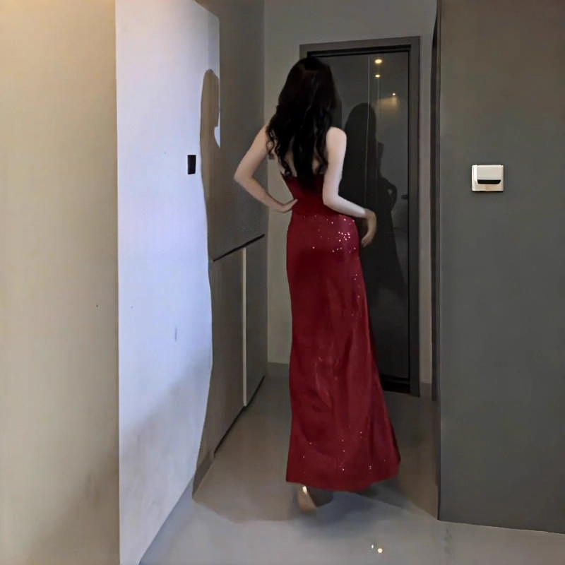 Sparkly Red Halter V Neck High Slit Long Party Dress Birthday Dress YM2217